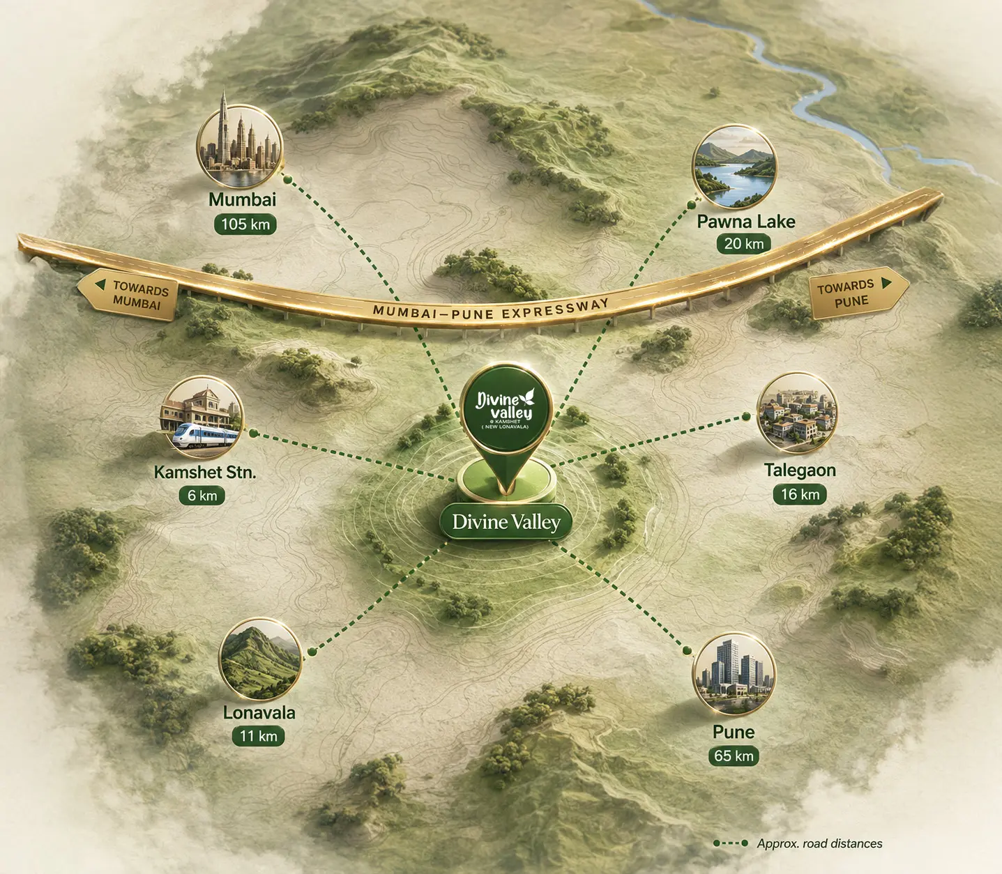 Divine Valley connectivity map — Kamshet near the Old Mumbai-Pune Highway